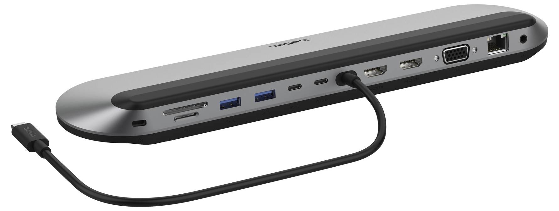 Eine gekrümmte Laptop-Dockingstation mit mehreren Anschlüssen, einschließlich USB, HDMI, Ethernet und einem angeschlossenen Kabel.