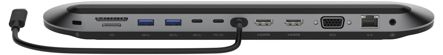 Rückansicht eines Laptops mit Anschlüssen und Verbindungen, einschließlich Stromversorgung, USB, HDMI, VGA und Ethernet.