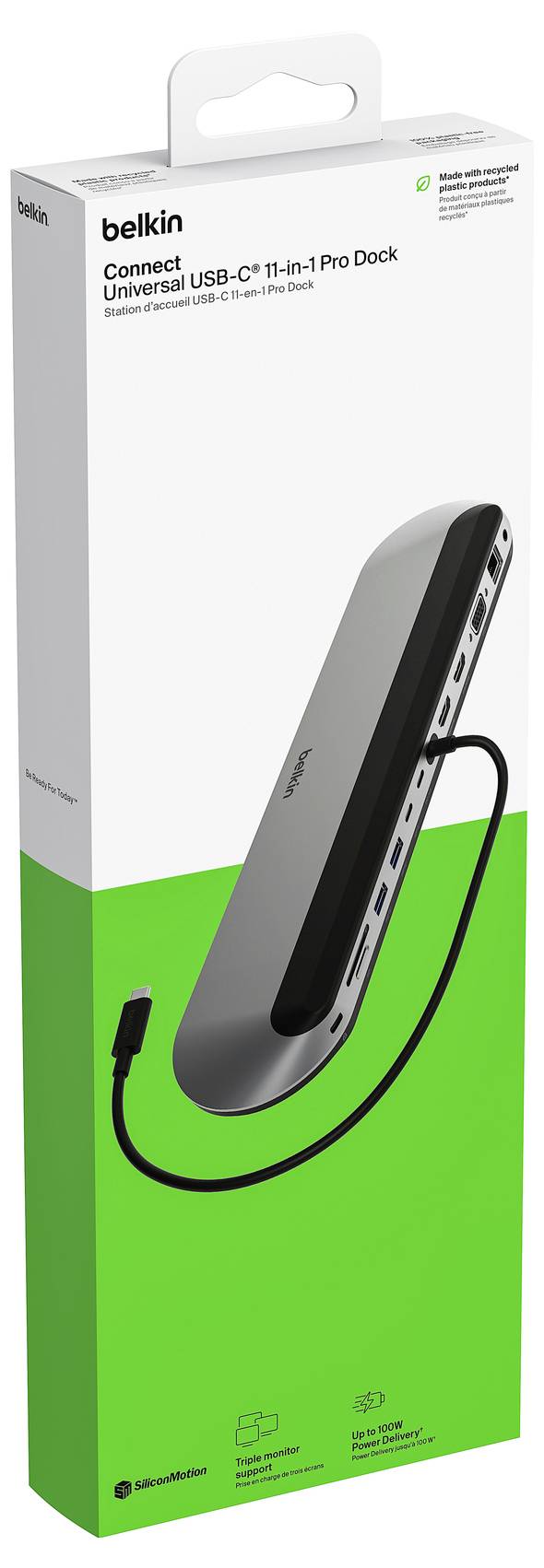 Belkin Connect universelles USB-C 11-in-1 Pro Dock Produktkarton mit einer schwarzen abgewinkelten Dockingstation und Kabel auf einer weiß-grünen Verpackung.