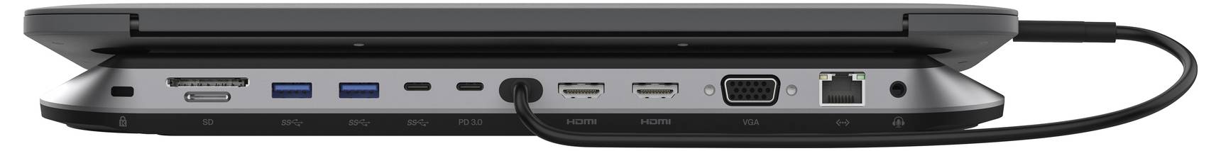 Seitenansicht eines geschlossenen Laptops mit seinen Anschlüssen an der linken Seite: Kopfhörerbuchse, USB-Anschlüsse, HDMI, VGA, Ethernet und ein angeschlossenes Stromkabel.
