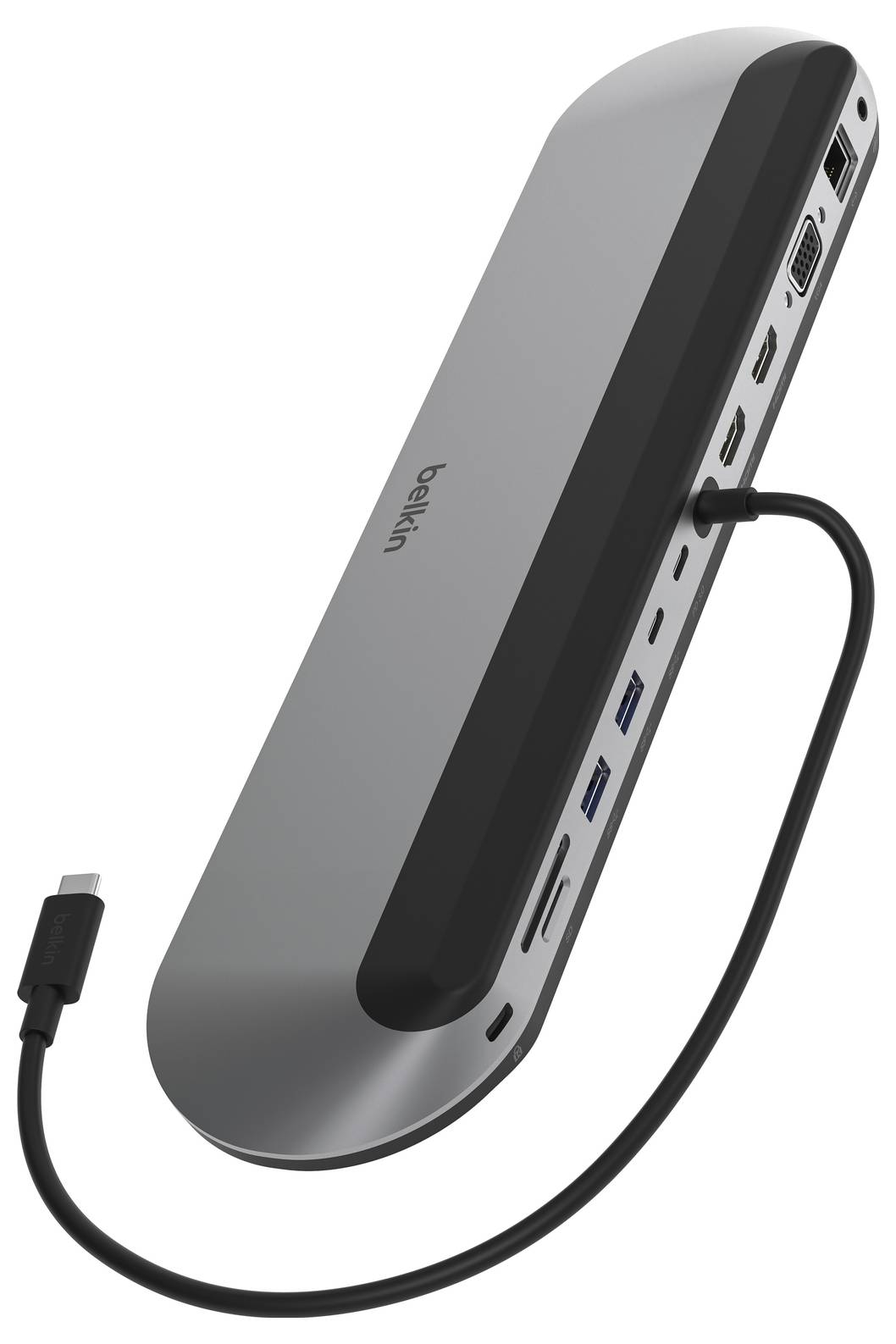 Belkin USB-C Multifunktions-Hub mit angeschlossenem Kabel, mit HDMI-, USB-, Ethernet- und Stromanschlüssen auf einem silber-schwarzen Adapter.