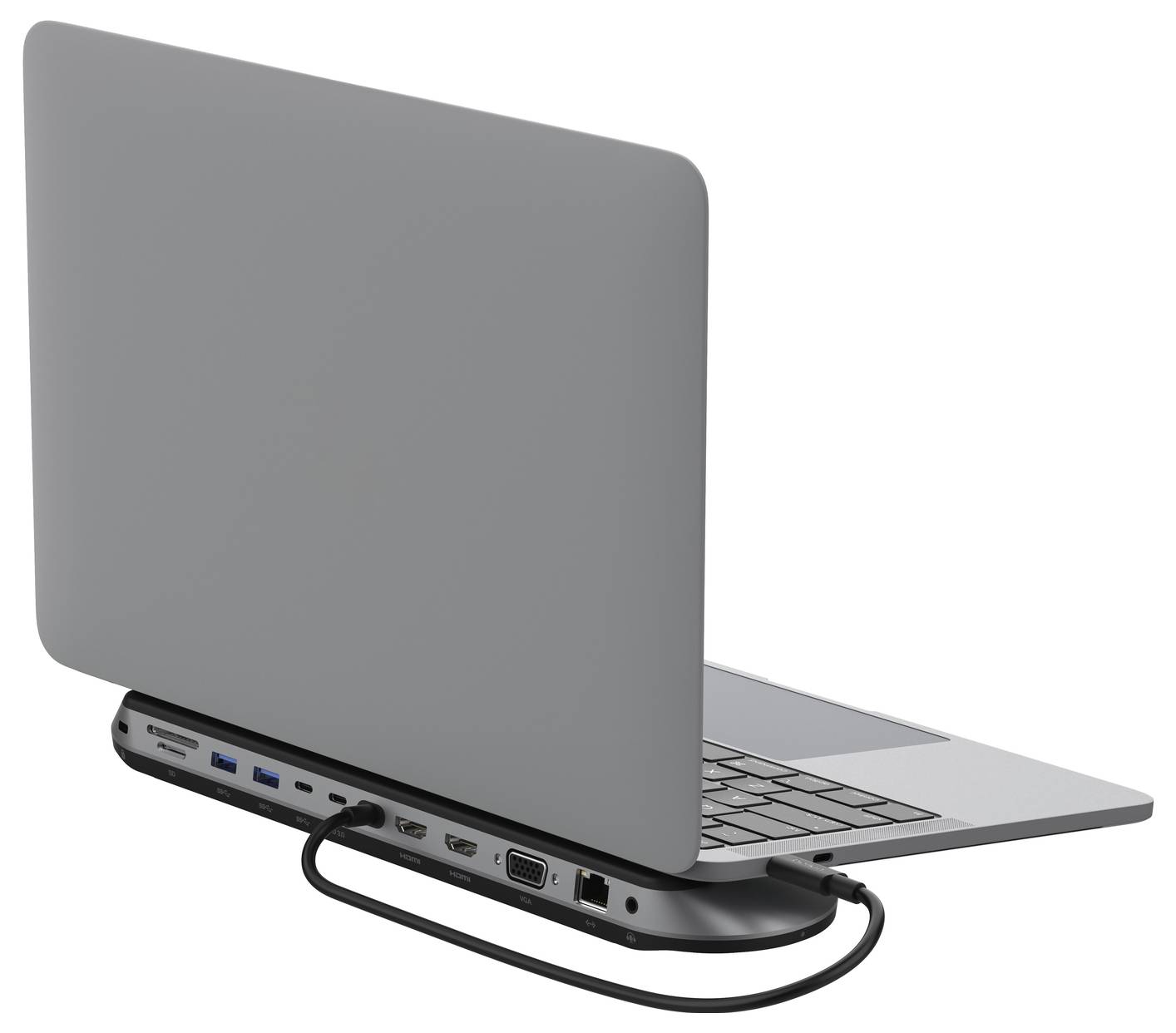 Laptop mit geschlossenem Deckel, der an einer hinteren Docking-Station/an einem hinteren Adapter angeschlossen ist, mit mehreren Anschlüssen und einem angeschlossenen Kabel.