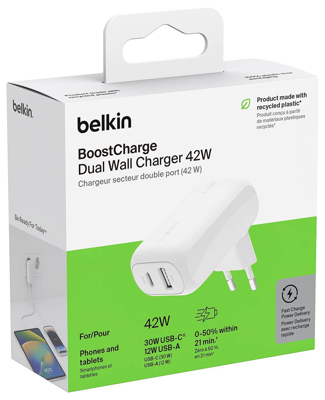 Belkin BoostCharge Dual Wall Charger 42W Box mit einem weißen Dual-Port USB-C-Ladegerät, schnelladendes Charger für Telefone und Tablets, mit recyceltem Kunststoffverpackung.