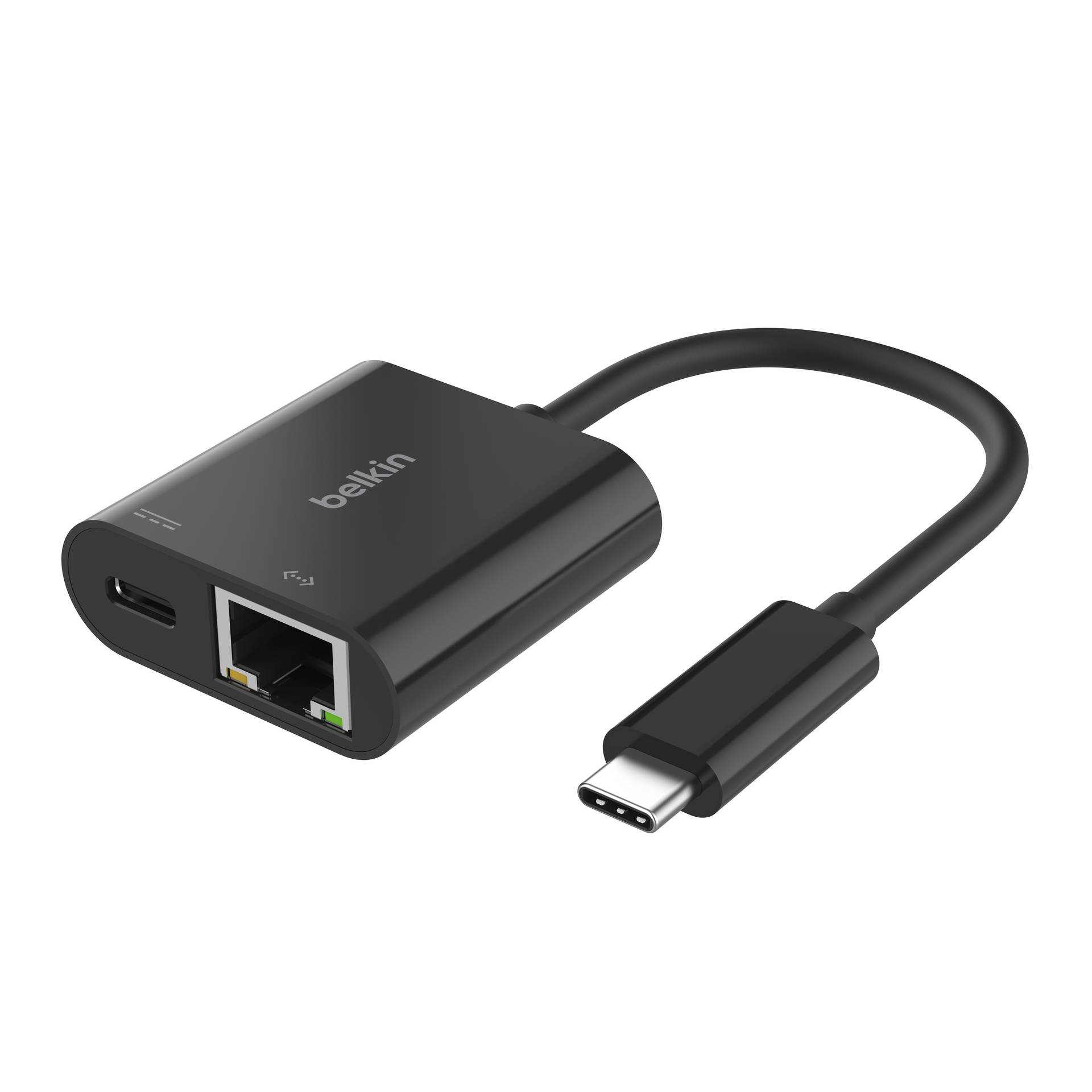 Schwarzer Belkin USB-C-Adapter mit USB-C-Stecker, USB-A-Anschluss und Ethernet-Anschluss auf einem kurzen Kabel.