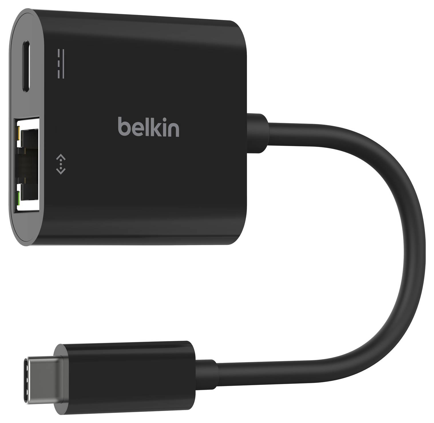 Belkin USB-C Hub-Adapter mit Ethernet- und USB-Anschlüssen, abgebildet mit angeschlossenem USB-C-Kabel.