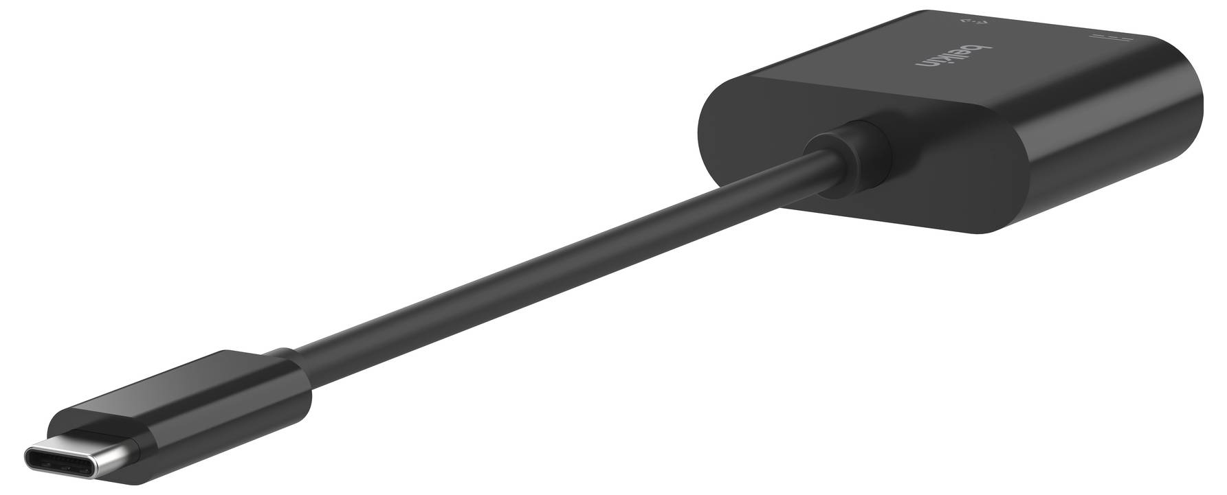 Schwarzes USB-C-Kabel mit einem kompakten rechteckigen Adapter oder Dongle an einem Ende, dargestellt auf weißem Hintergrund.