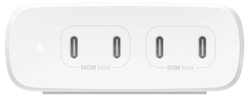 Weiß duales USB-C-Wandladegerät mit zwei Anschlüssen mit den Bezeichnungen '140W MAX' und '60W MAX'.