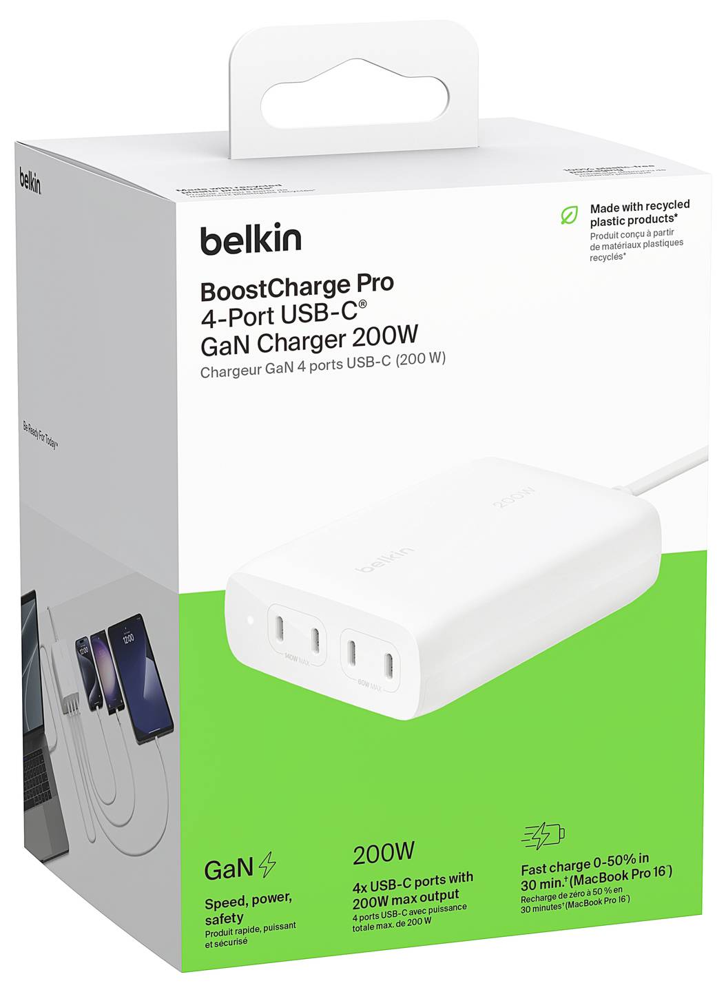 Belkin BoostCharge Pro 4-Port USB-C GaN-Ladegerät 200W Schachtl, mit Recycling-Kunststoff-Etikett und Ladegerätabbildung auf der Vorderseite.