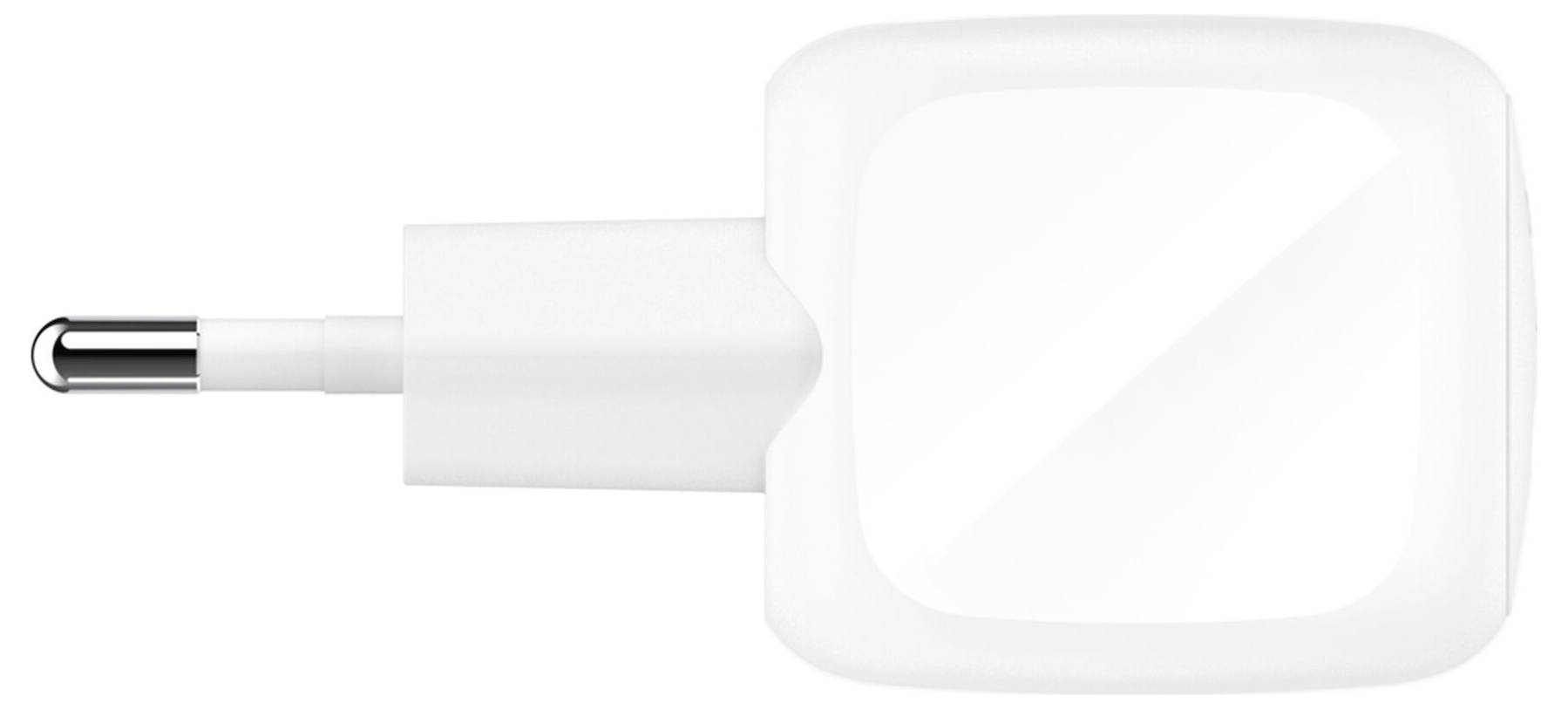 Weißer Stromstecker-Adapter mit zwei runden Stiften, auf einem einfachen weißen Hintergrund dargestellt.