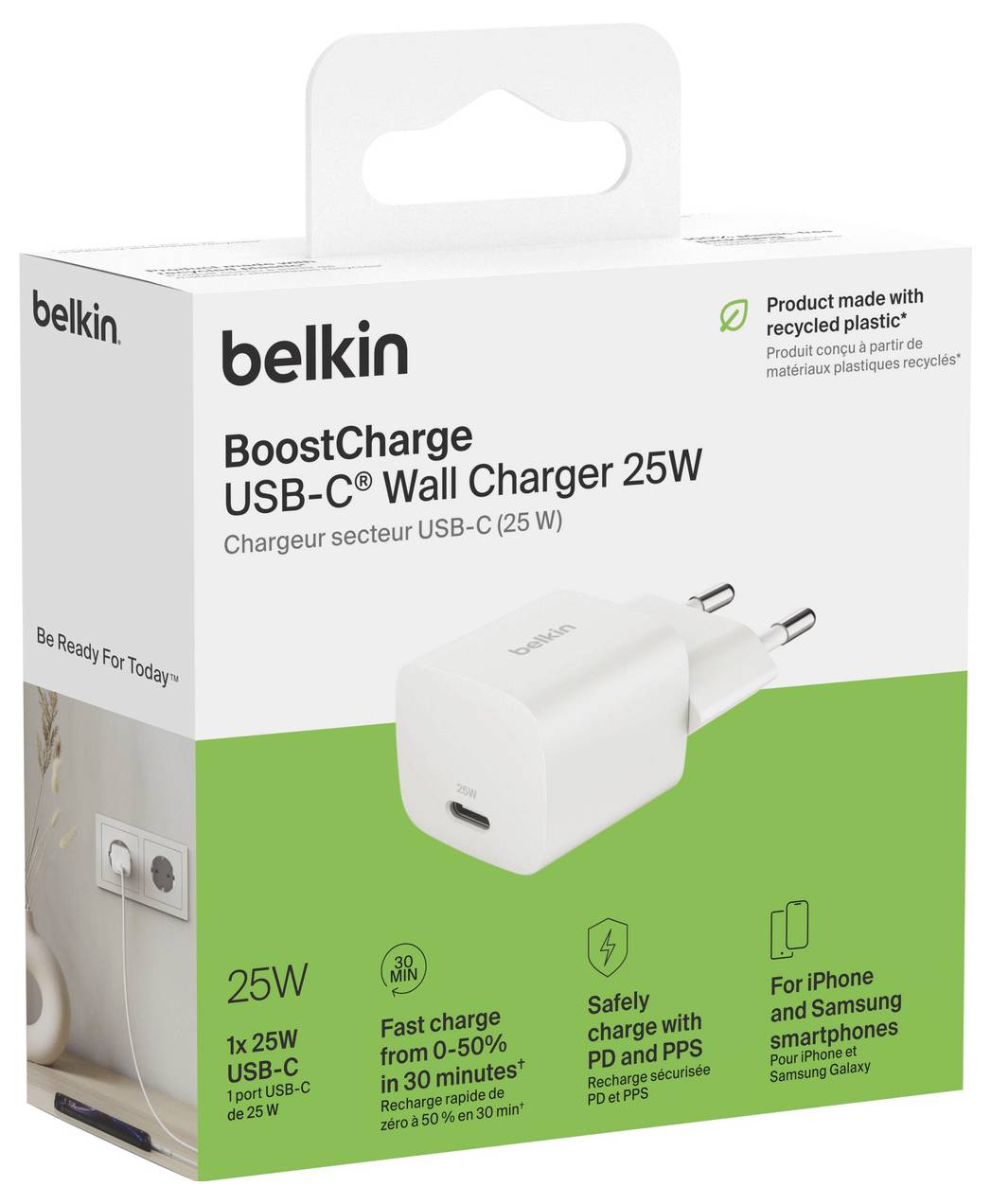 Belkin BoostCharge USB-C-Wandladegerät 25W Produktpackung mit weißem Ladegerät, Recycling-Kunststoff-Angabe und schnellem Laden für Telefone.