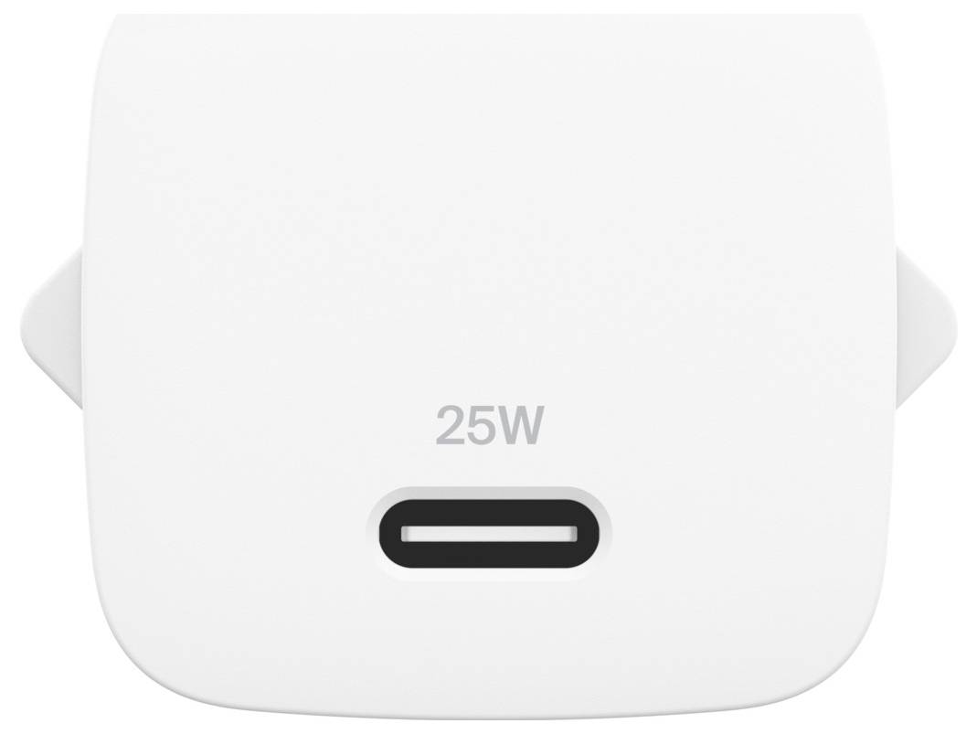 Weißer 25W USB-C Netzteil mit einem einzelnen Ladeanschluss auf der Vorderseite.