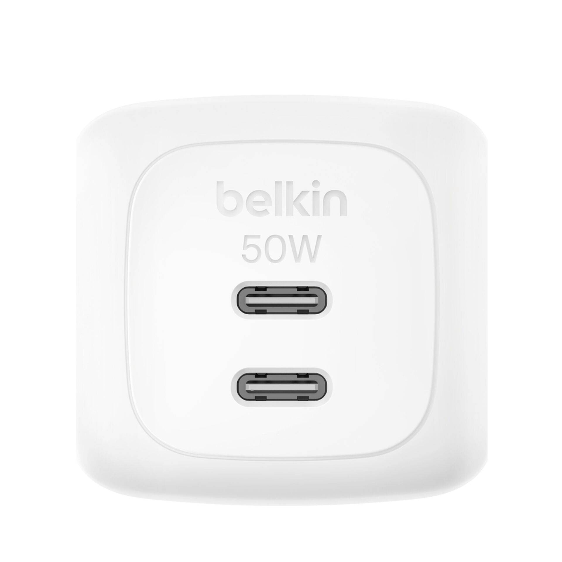 Weißes Belkin 50W Dual-USB-C-Wandladegerät mit zwei Ladeanschlüssen.