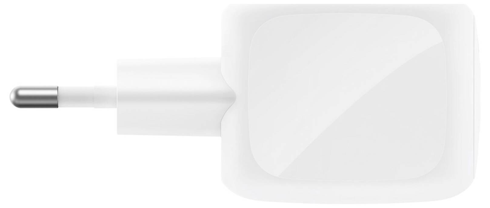 Ein weißes Stromnetzteil mit zweipoligem Stecker und angeschlossenem Kabel, isoliert auf hellem Hintergrund dargestellt.