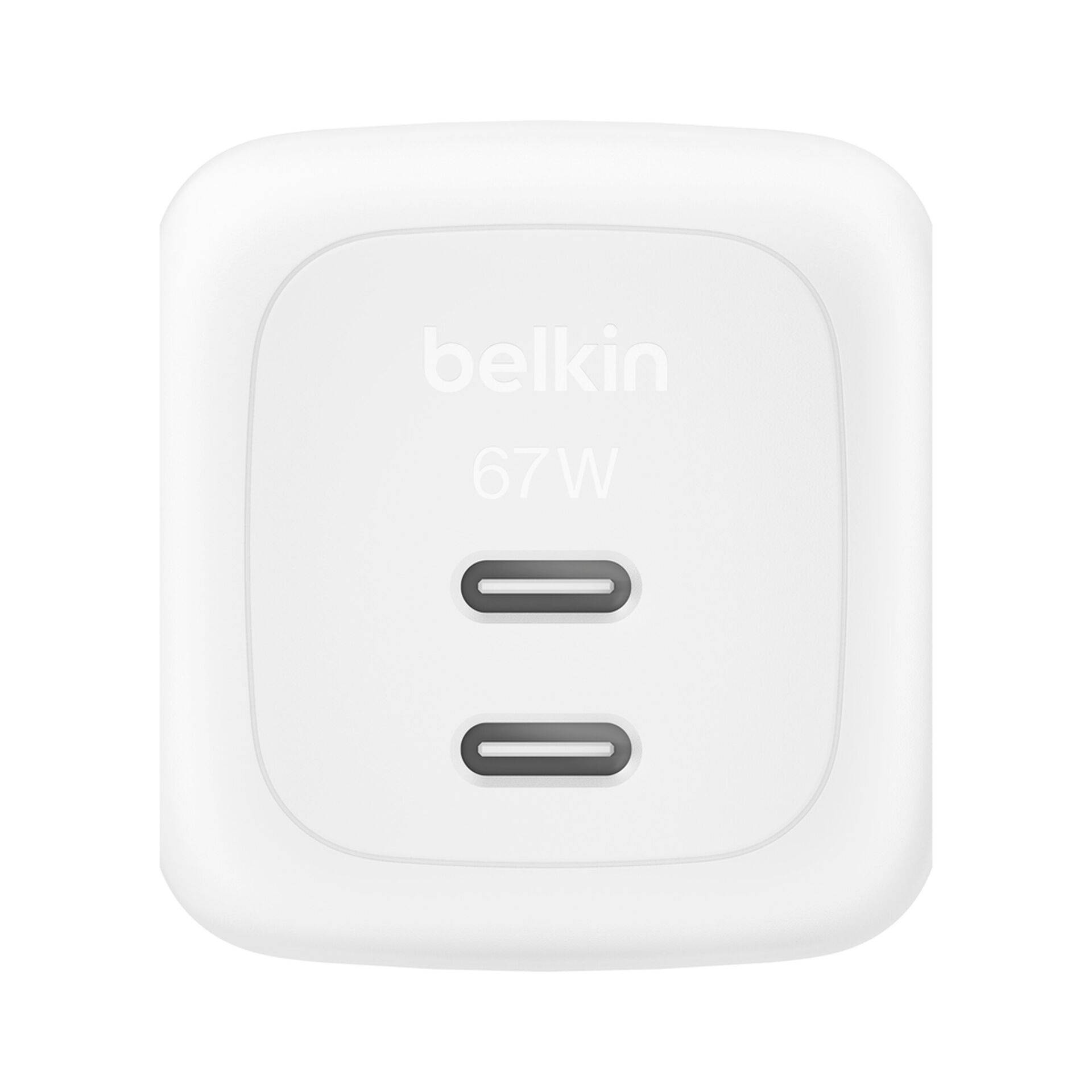 Weiß Belkin 67W Dual USB-C Wandladegerät mit zwei Anschlüssen.