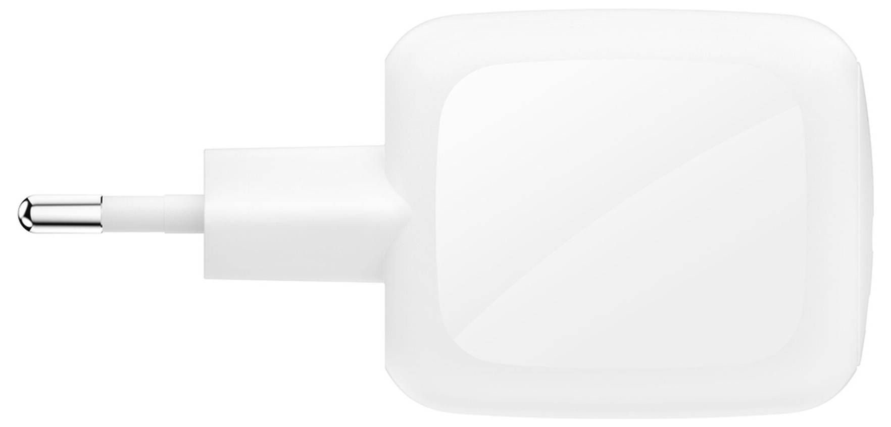 Weißer Wandladegerät-Netzteil mit einem einzelnen USB-C-Anschluss, dargestellt in Seitenansicht auf einfachem Hintergrund.
