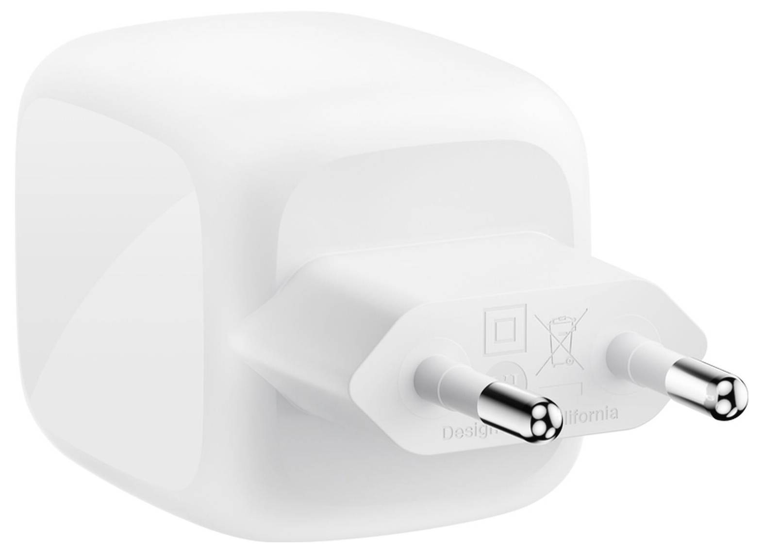 Weiße USB-Wandladegerät mit zwei runden Steckern im europäischen Stil.