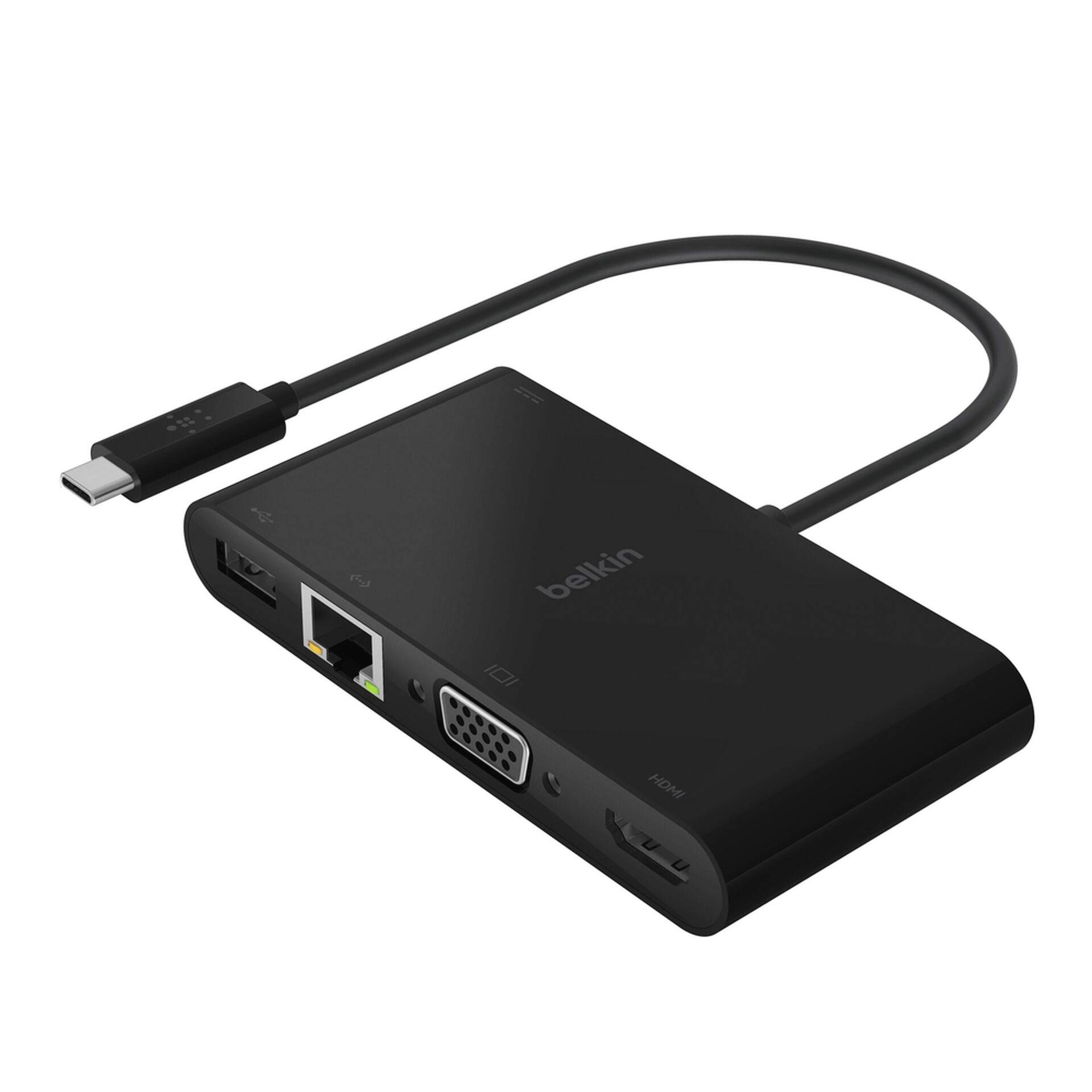 Schwarzer USB-C-Hub mit angekabeltem Kabel, mit USB-A-, Ethernet-, VGA- und HDMI-Anschlüssen.