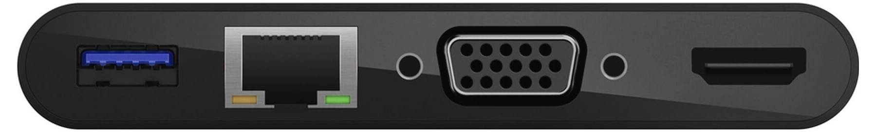 Rückansicht eines Geräts mit Anschlüssen: USB-A, Ethernet, VGA und HDMI.