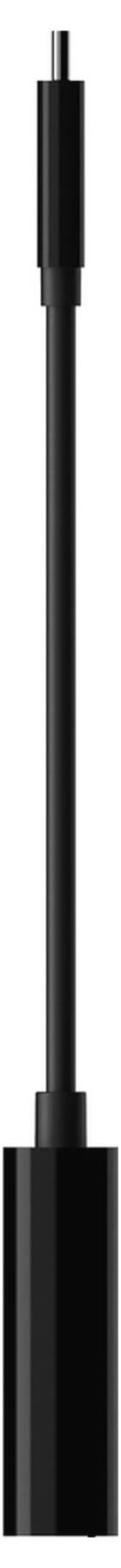 Schwarzes USB-Kabel mit zylindrischem Stecker, vertikal auf weißem Hintergrund dargestellt.