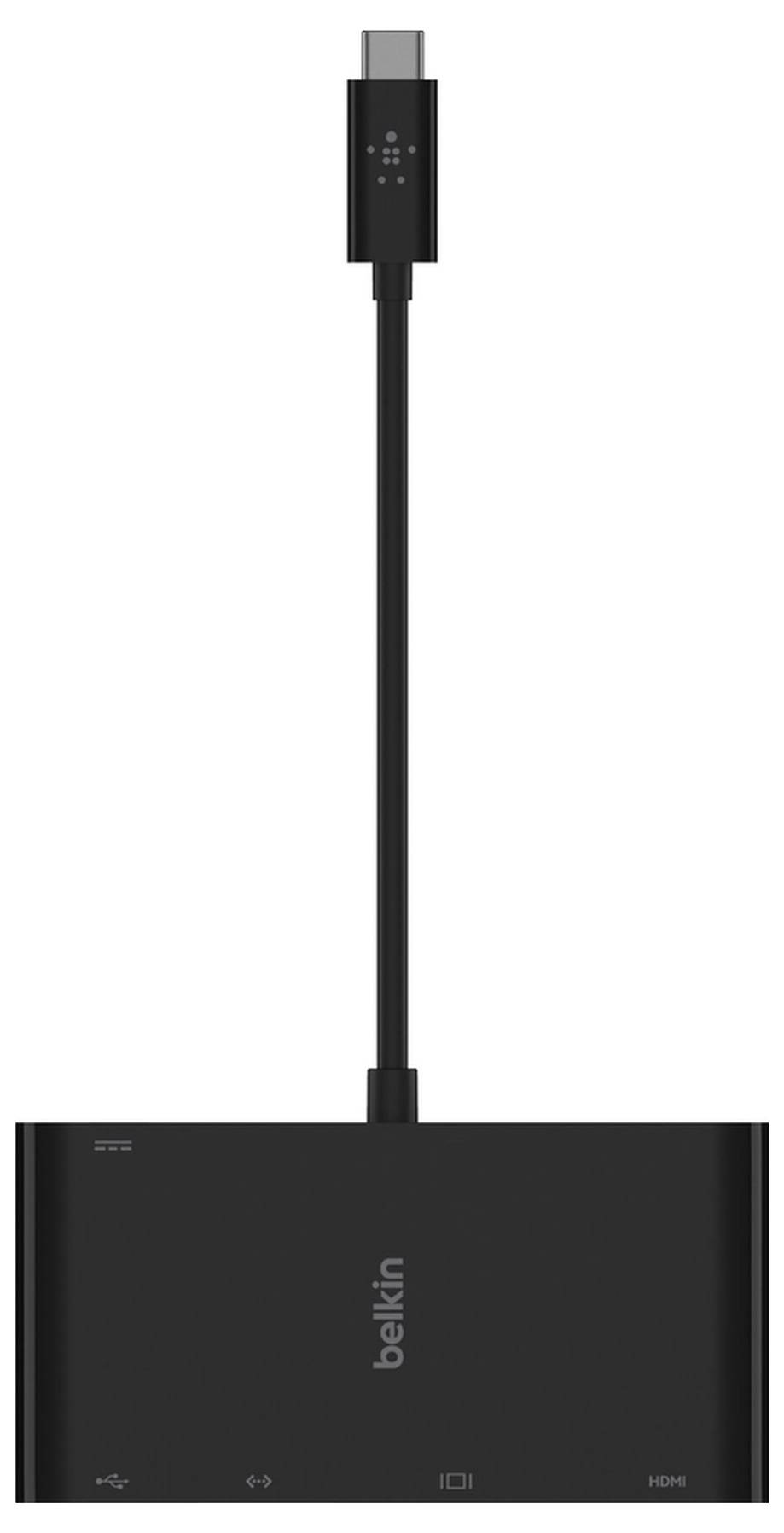 Schwarzer Belkin USB-C Hub-Adapter mit langem Kabel, Vorderansicht mit mehreren Anschlüssen und HDMI-Beschriftung.