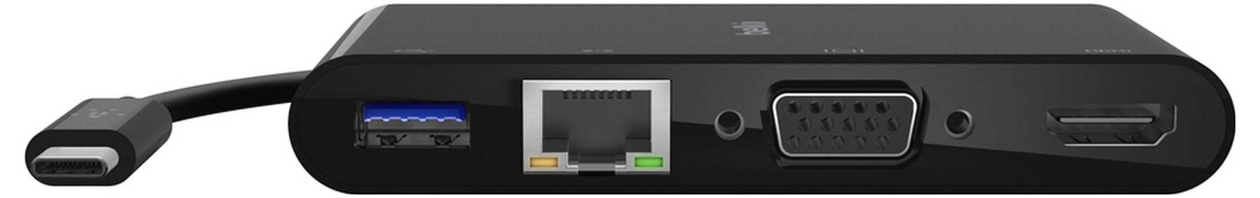 Nahaufnahme eines schwarzen Hub/Dockingstation, die vier Anschlüsse zeigt: USB-C, USB-A, Ethernet, VGA und HDMI.