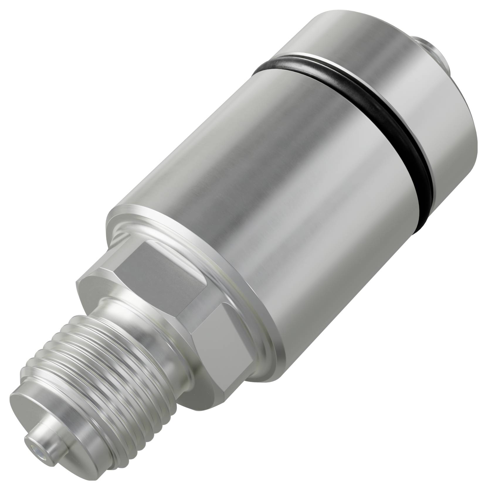 Metallischer zylindrischer Industrie-Sensor mit Gewinde-Stecker und Sechskantpassung, isoliert auf weißem Hintergrund dargestellt.