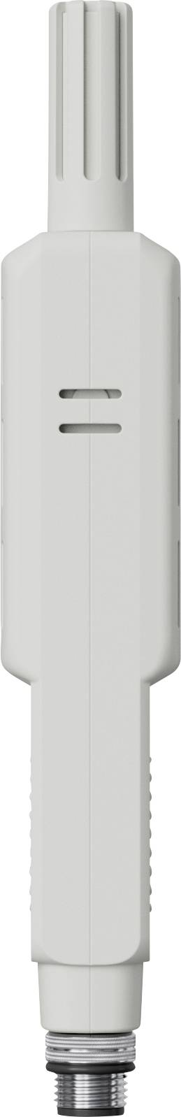Nahaufnahme eines weißen zylindrischen Kunststoffsteckers oder Sensors mit zwei horizontalen Schlitzen und einer gewindelten Metallbasis.
