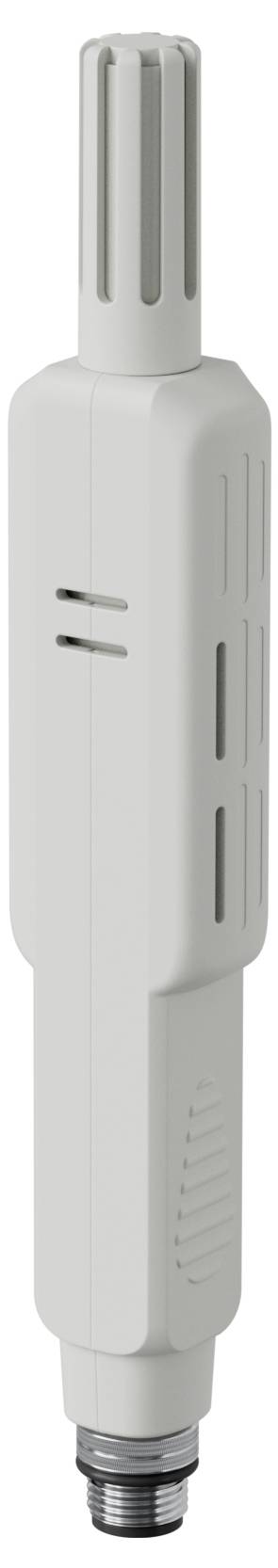 Nahaufnahme eines grauen zylindrischen mechanischen Steckers oder Ventilkomponente mit gerippter Oberseite, Seitenschlitzen und Gewinde-Metallbasis auf weißem Hintergrund