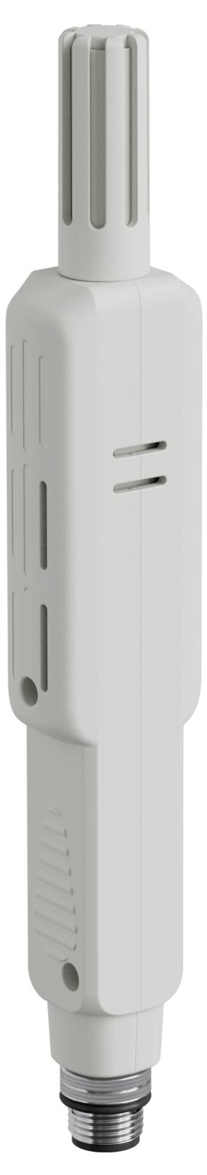 Ein grauer zylindrischer Industriesensor oder Stecker mit einer Gewindemetallbasis und langen vertikalen Schlitzen oben.