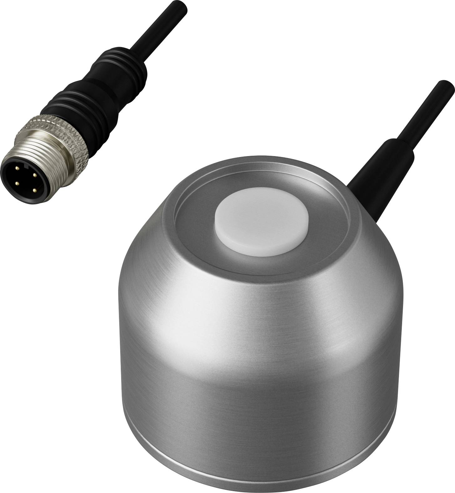 Metallischer industrieller Näherungssensor mit angeschlossenem Kabel und Stecker, dargestellt auf weißem Hintergrund.