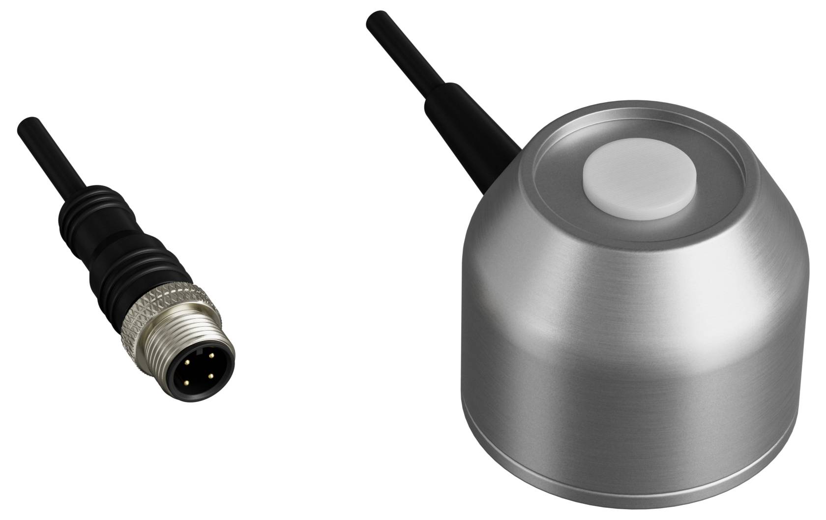 Kleiner verdrahteter Metallsensor mit rundem Kopf und separatem rundem Anschllusskabel auf weißem Hintergrund.
