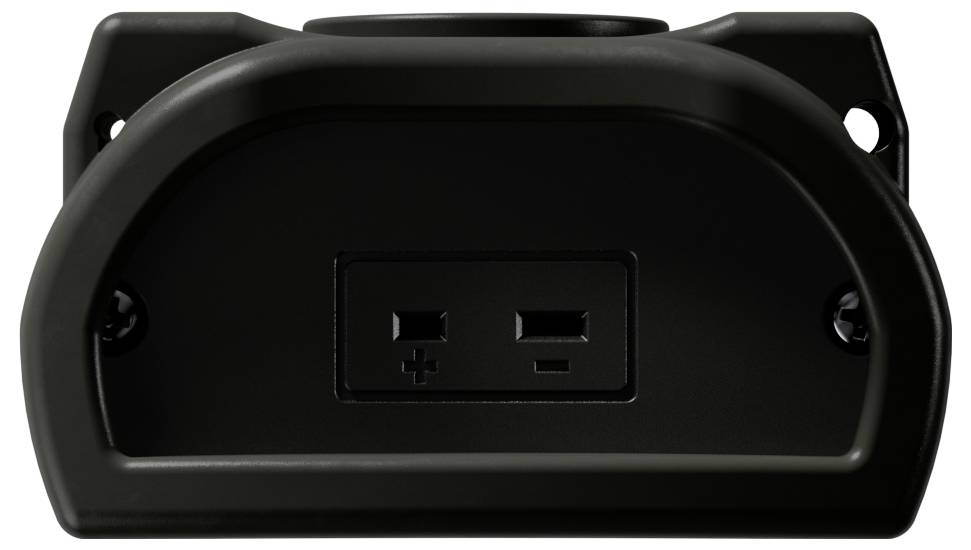Schwarze wandmontierte Abdeckung für Elektrosteckdose mit zwei USB-Ladeanschlüssen, die in der Mitte mit 