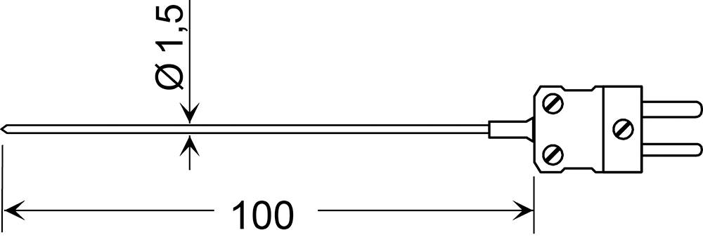 Technische Zeichnung einer Sonde mit langem Schaft und zweipoliger Steckerverbindung; Schaftlänge ist mit 100 beschriftet und der Durchmesser ist mit 1,5 beschriftet