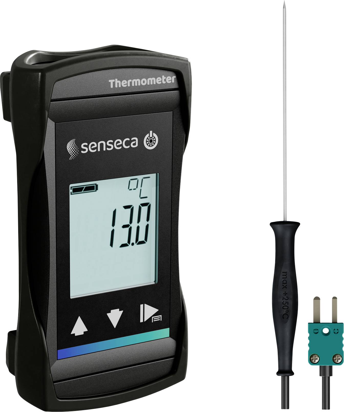 Digitales Thermometer mit Messfühler, das 13,0°C auf seinem Display anzeigt.