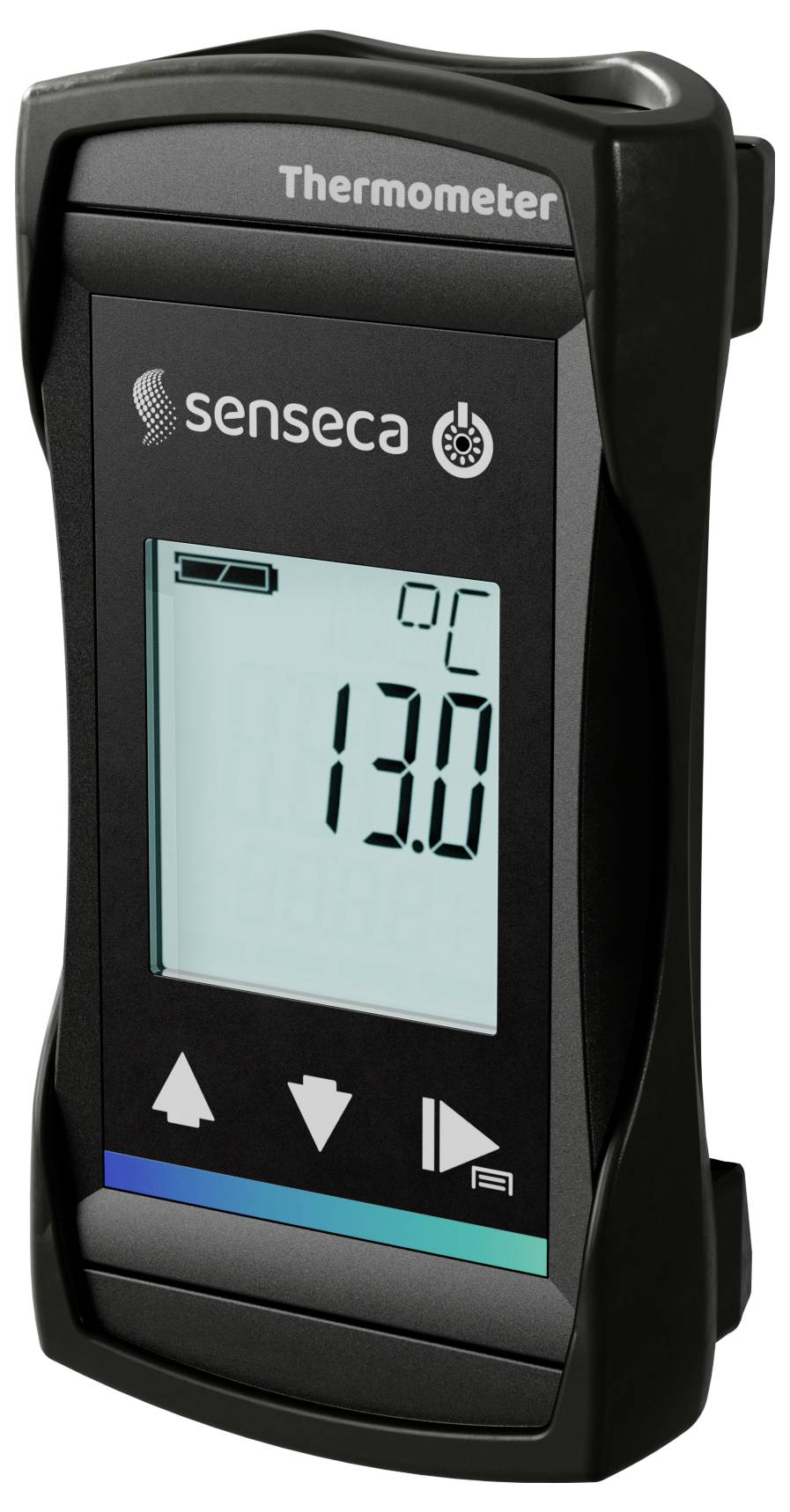 Digitales Thermometer zeigt 13,0°C auf einem Senseca-Gerätedisplay an.