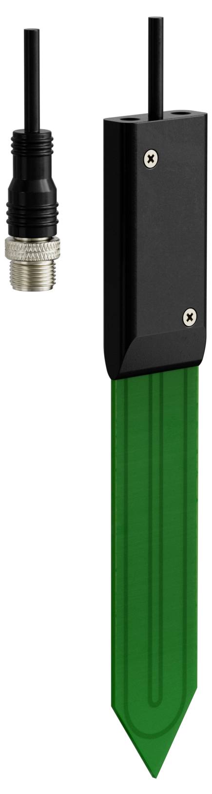 Schwarzer Sensor/Sonde mit Kabelstecker und grünem spitzem Schaft, gezeigt neben einem separaten Steckverbinder auf weißem Hintergrund.