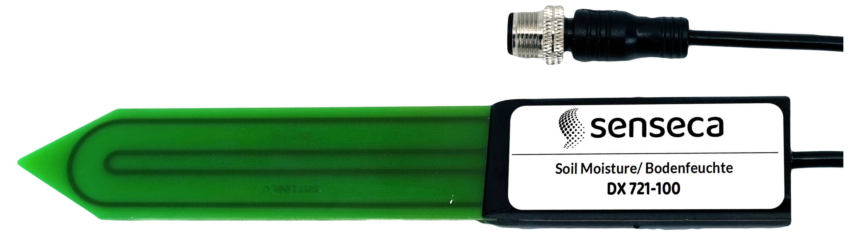 Sensoren-Sonde mit der Bezeichnung Senseca Bodenfeuchte/Soil Moisture DX 721-100 mit grünem Pfahl und Kabel zur Messung der Bodenfeuchte.