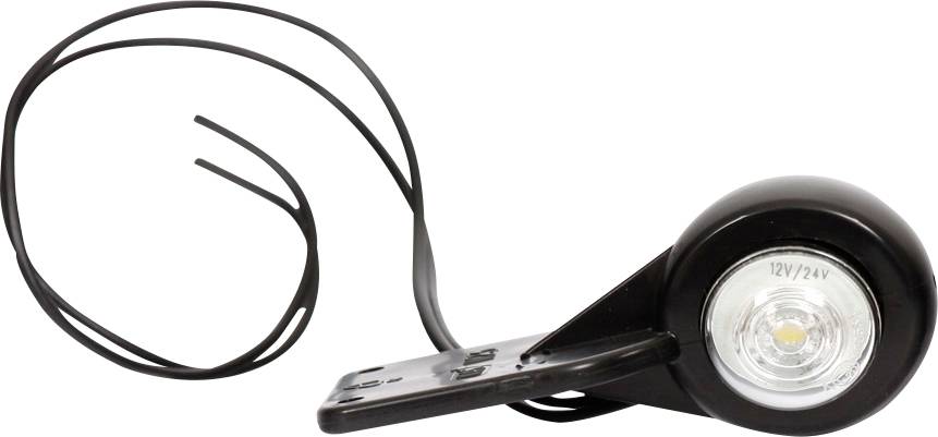 Schwarzes Kabelanhänger-Seitenbegrenzungslicht mit runder 12V/24V-Lampe und Montageklammer auf weißem Hintergrund