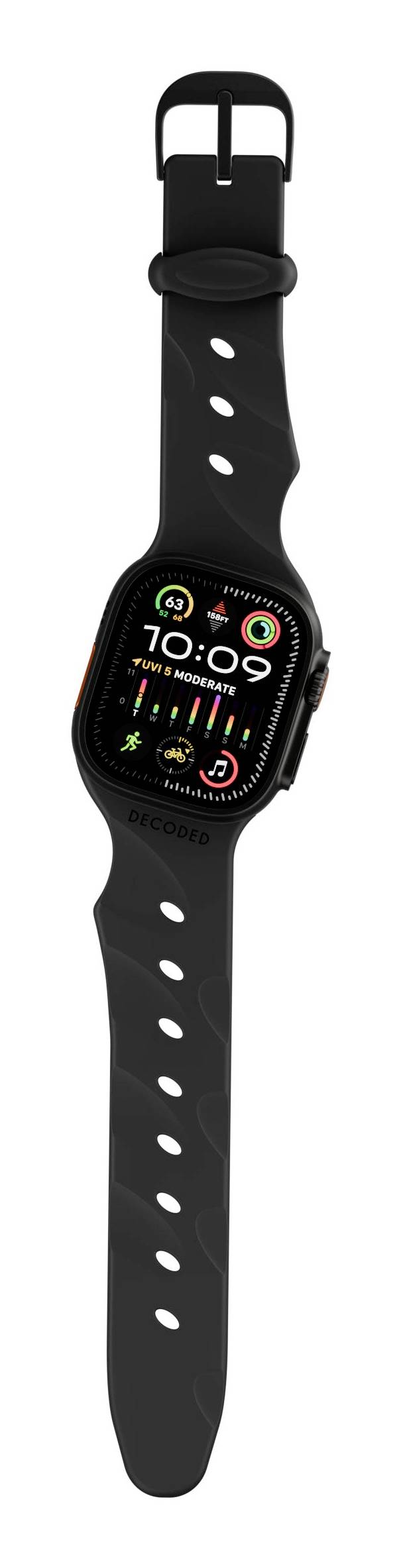 Schwarze Smartwatch mit schwarzem Sportarmband, in der Vorderansicht auf weißem Hintergrund gezeigt, mit einem bunten digitalen Zifferblatt und Aktivitätssymbolen.