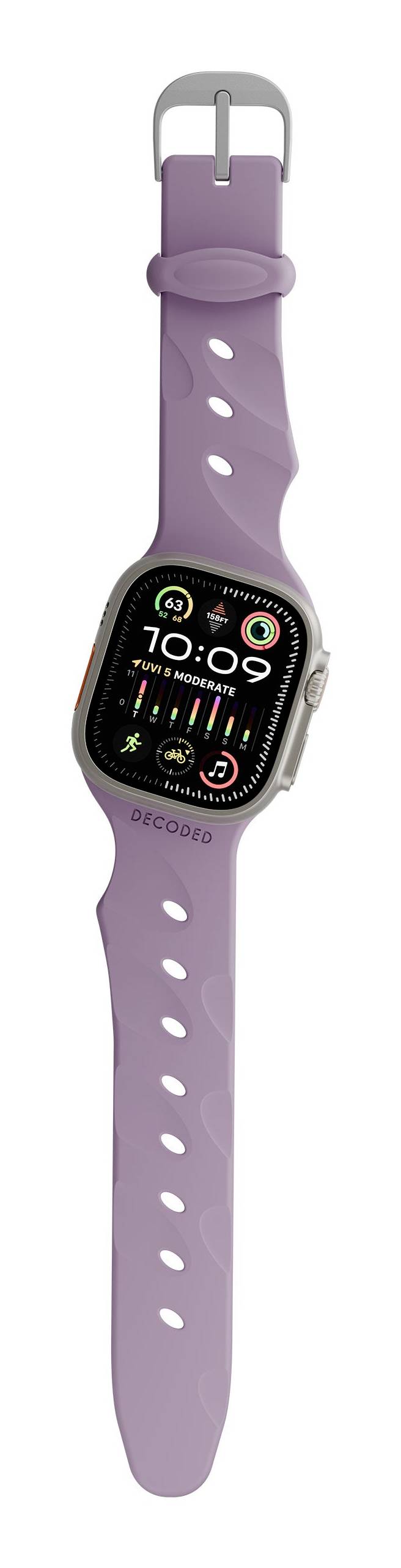 Lavender-Smartwatch mit violettem Band und quadratischem digitalen Display, das 10:09 zeigt, Fitness-Widgets und der Markenname Decqlo unterhalb des Bildschirms.