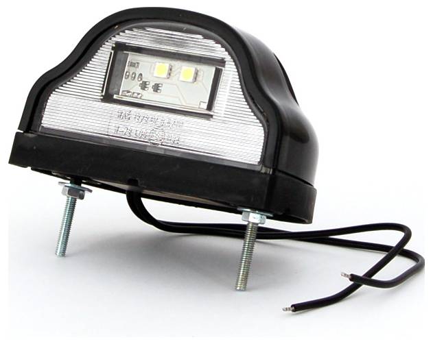 Schwarze LED-Kennzeichenleuchte mit zwei Befestigungsbolzen und angebrachten Drähten auf weißem Hintergrund