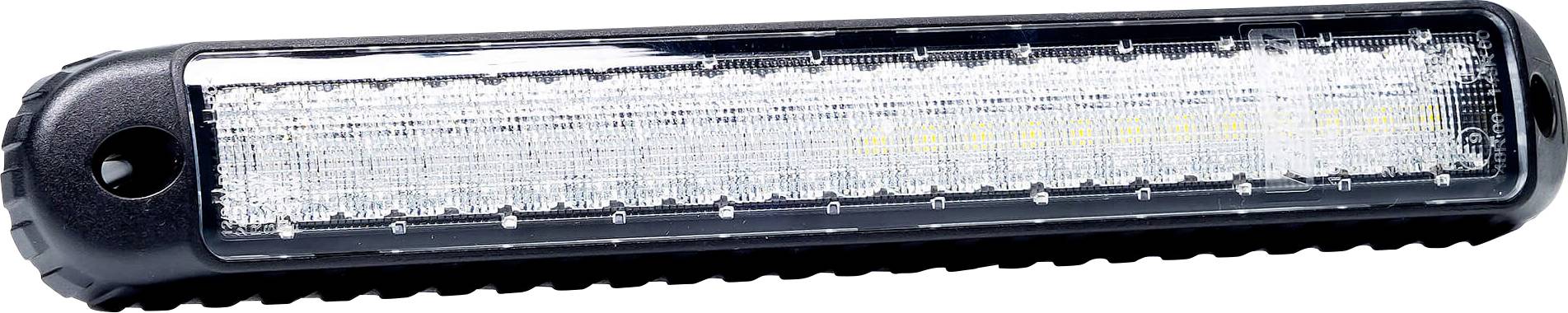 Schwarze LED-Leuchtenleiste mit klarer Linse und Befestigungslöchern an beiden Enden, dargestellt vor weißem Hintergrund.