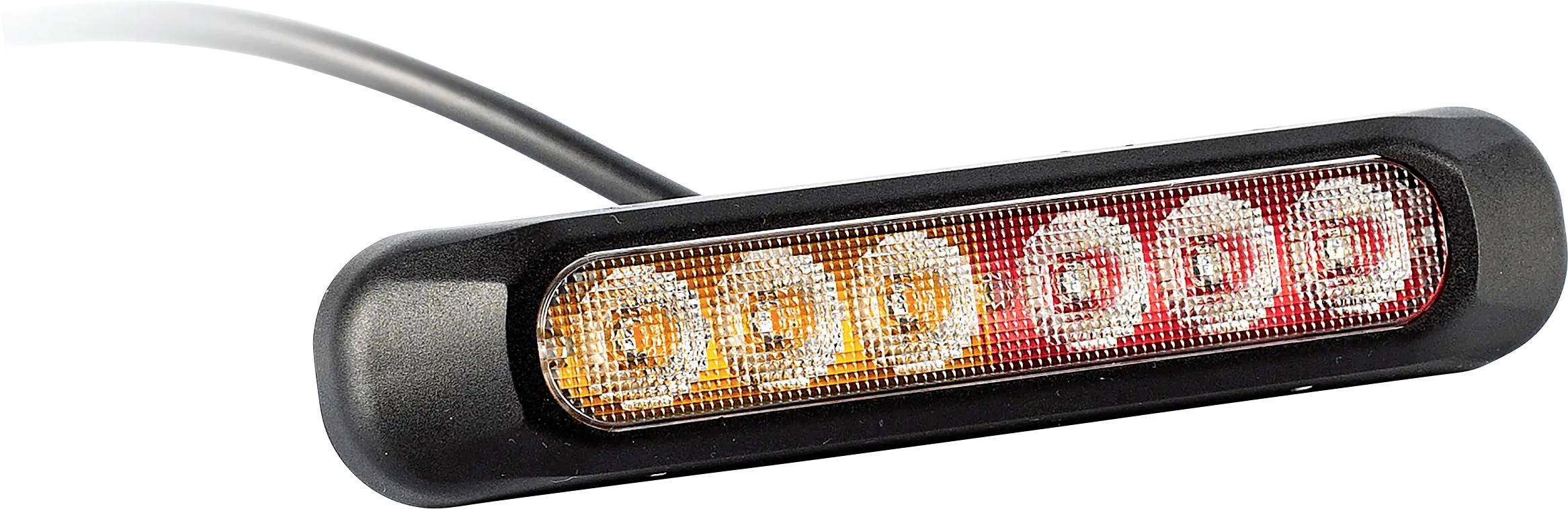 Nahaufnahme einer LED-Warnlichtleiste mit leuchtenden bernsteinfarbenen und roten Abschnitten in einem schwarzen Gehäuse.