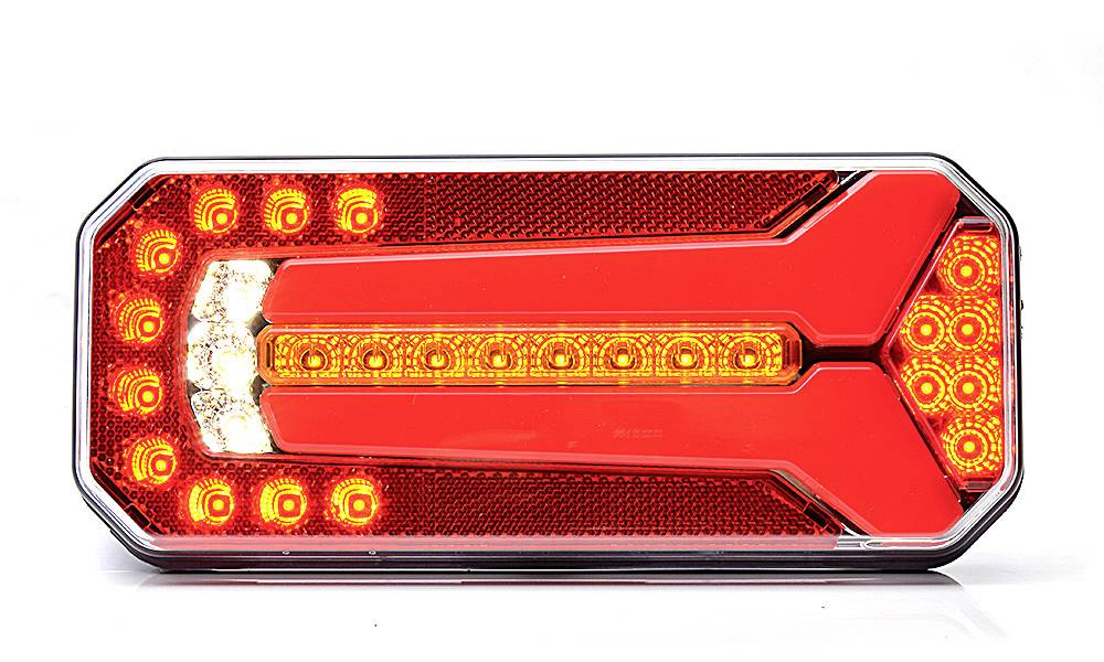 Hellrotes LED-Rücklicht-Modul mit beleuchteten Ringleucht und einem horizontalen Mittelstreifen auf weißem Hintergrund.