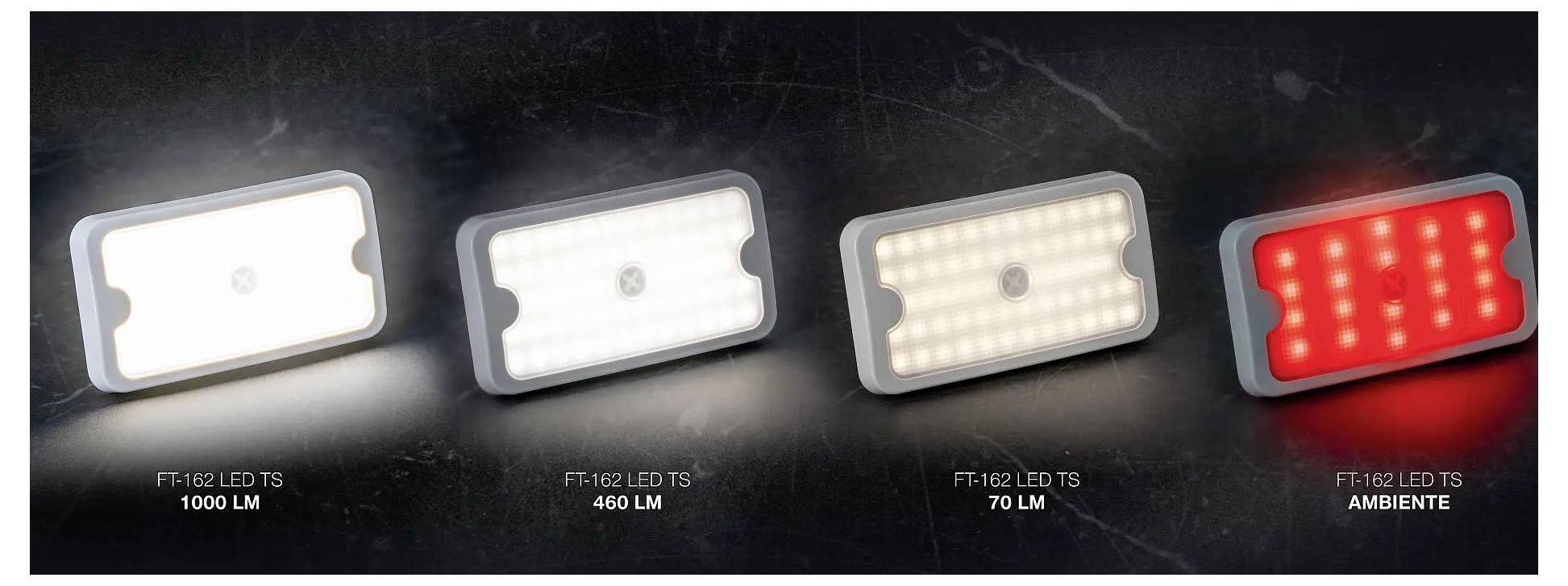 Vier LED-Leuchtpaneele, die in verschiedenen Einstellungen gezeigt werden: 1000 lm, 460 lm, 70 lm und „AMBIENTE