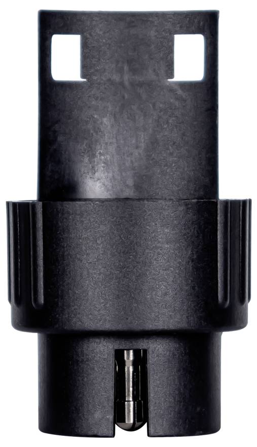 Schwarzer Kunststoff-USB-Adapter mit zwei quadratischen Öffnungen oben und einem kleinen Metallstecker unten, auf weißem Hintergrund dargestellt.