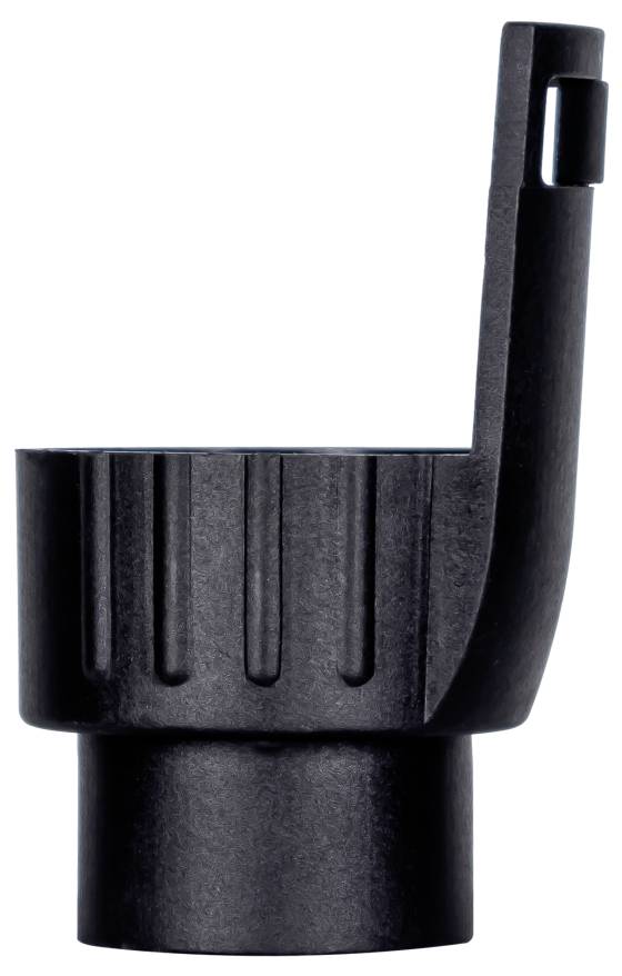Schwarzer Kunststoffstecker oder -adapter mit geripptem zylindrischem Becher und hohem Seitengriff auf weißem Hintergrund.