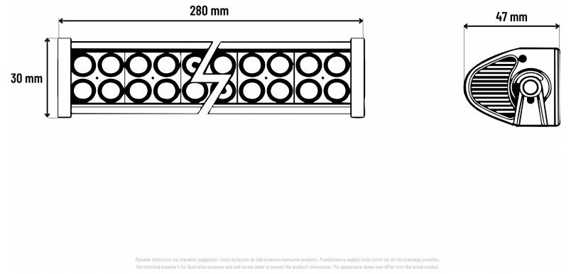 Technische Zeichnung eines rechteckigen Gitterfeld-Panels, 280 mm breit und 30 mm hoch, mit einer Mittelbrechung; die Seitenansicht zeigt eine Tiefe von 47 mm.