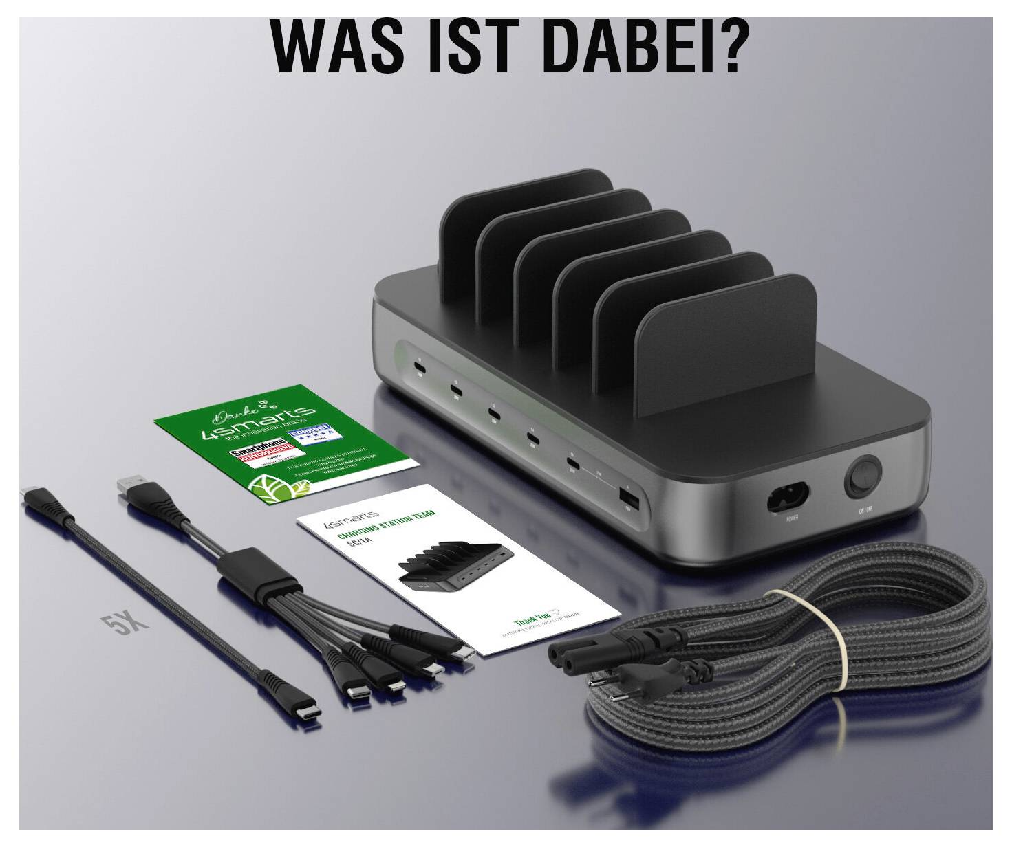 Marketingbild eines kleinen schwarzen elektronischen Hubs mit rippenartiger Wärmeflossenstruktur und angeschlossenen Kabeln, gezeigt mit Produkthandbüchern und Zubehör; Text lautet 