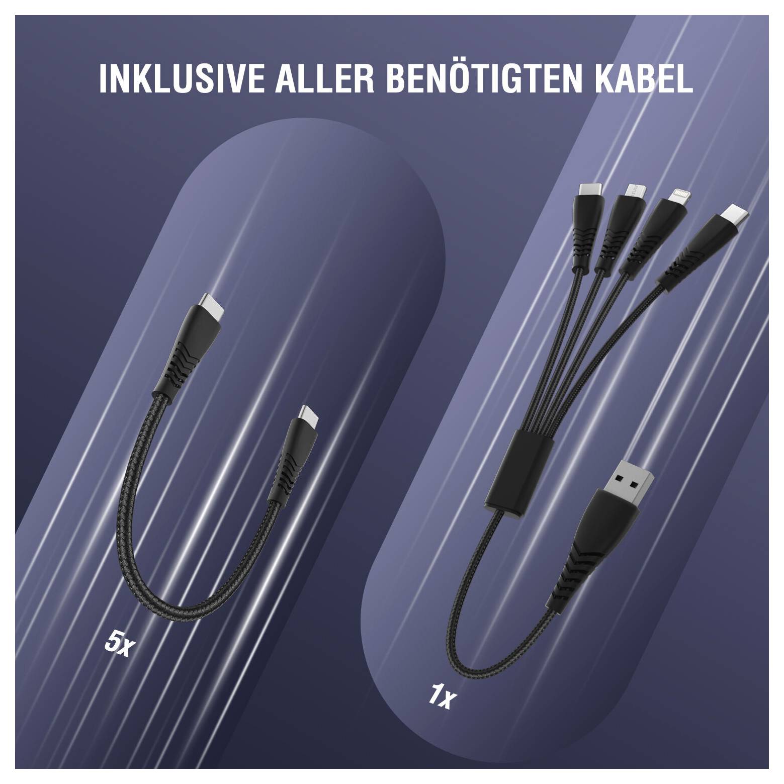 Grafik mit enthaltenen Kabeln: ein 5-in-1-Kabel und ein 1-in-4-USB-Kabel, mit deutschem Text „INKLUSIVE ALLER BENÖTIGTEN KABEL